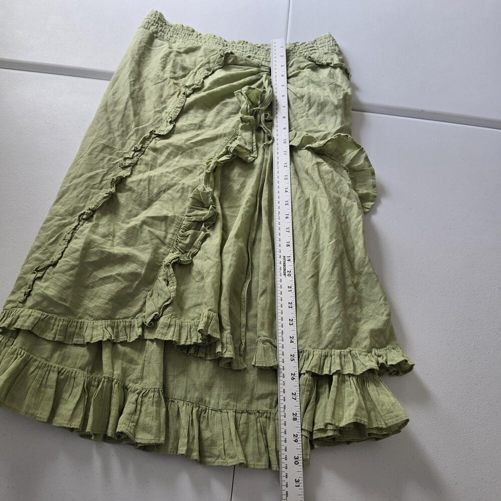 Free People Skirt Womens 8 Green Ruffle Layered Wrap Midi Boho Cotton Fairy Y2K - Picture 4 of 7